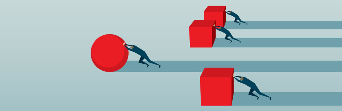 drawing of four people pushing red blocks with one person ahead of the others pushing a red sphere