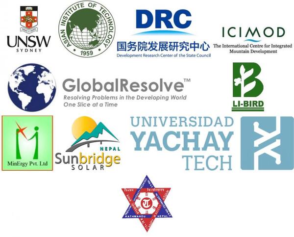 logos for partners including: UNSW, Asian institute for technology, Development research center of the state council, the international centre for integrated mountain development, Global resolve, LI-Bird, Min Engery Pvt. Ltd, Sunbridge Solar, Universidad Yachay Tech, 